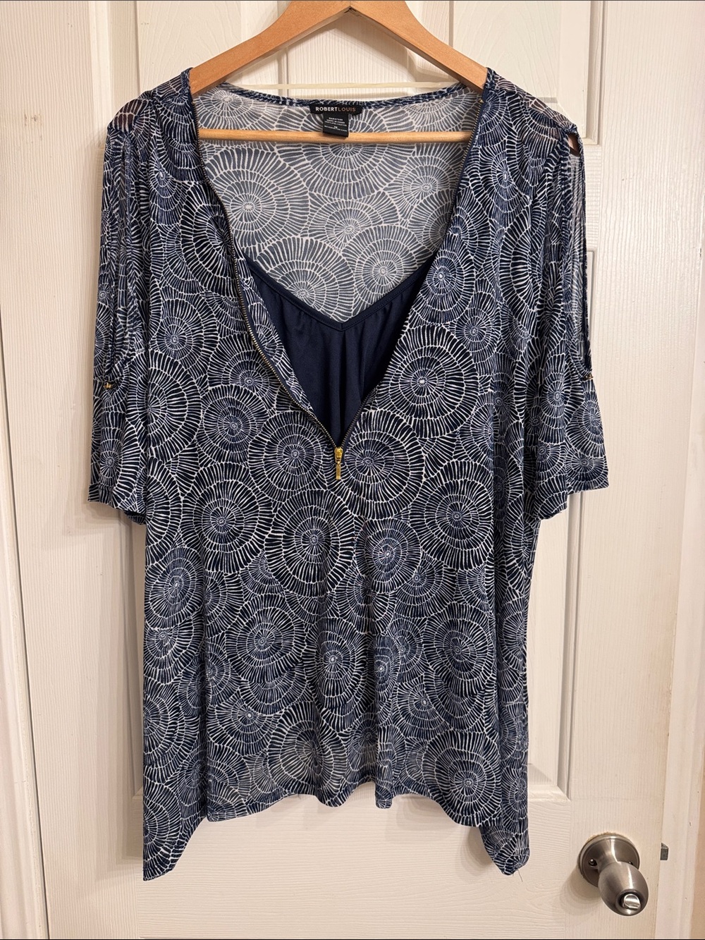 Robert Louis Navy and White Circular-Print V-Neck Tunic with Zip Detail